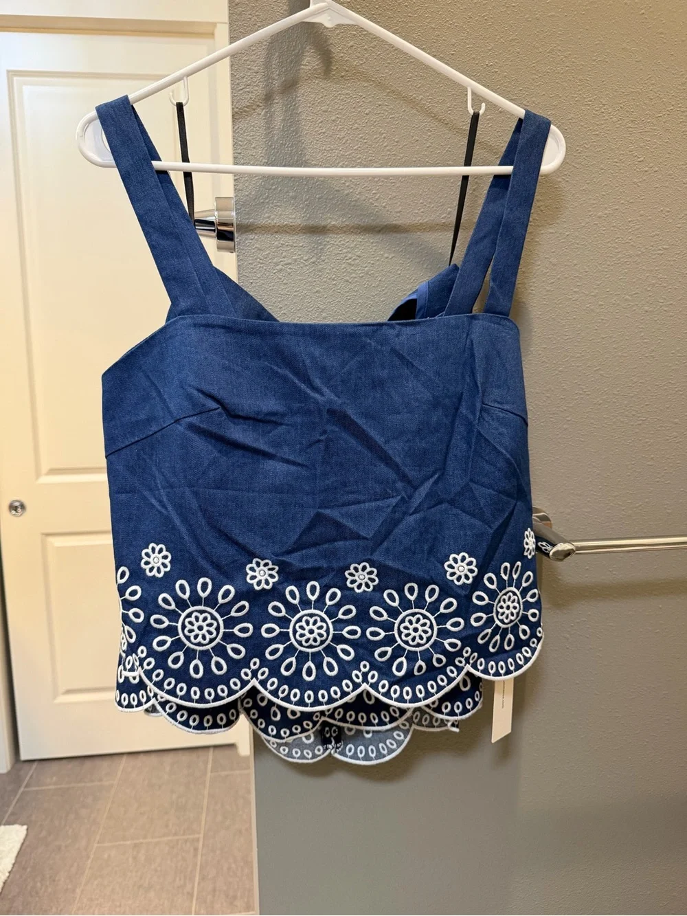 Square Neck Blue Embroidered Crop Top and Matching Skirt Set